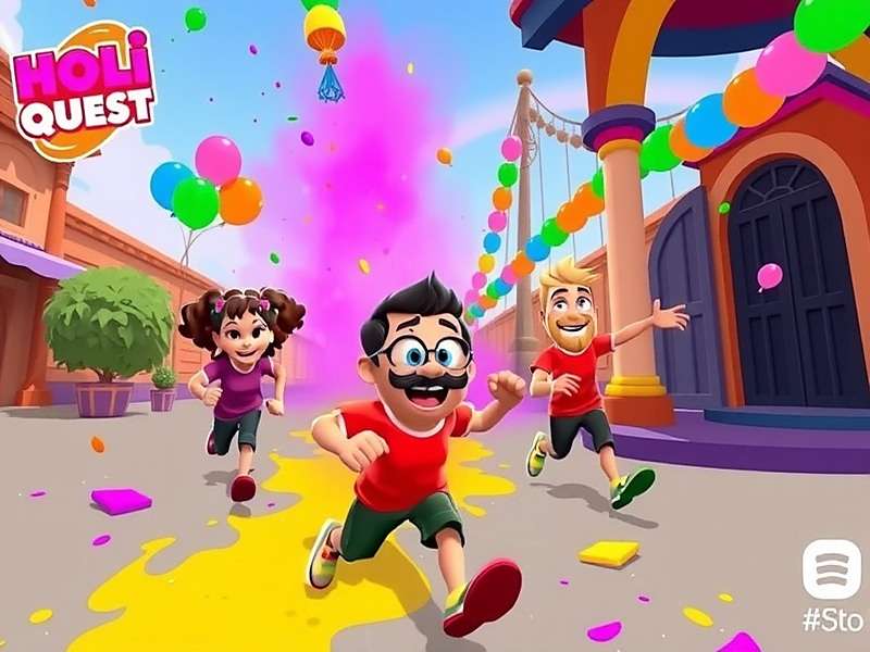 Holi Color Quest gameplay showing characters running through a colorful Holi celebration with gulal, water balloons, and dhol players