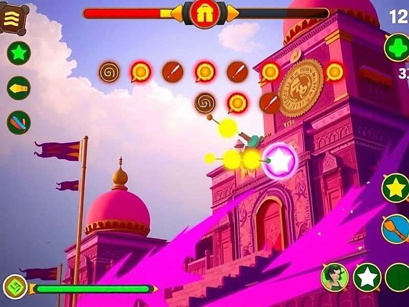 Holi Color Quest gameplay showing a player using Color Burst to clear obstacles in the Varanasi Ghats environment