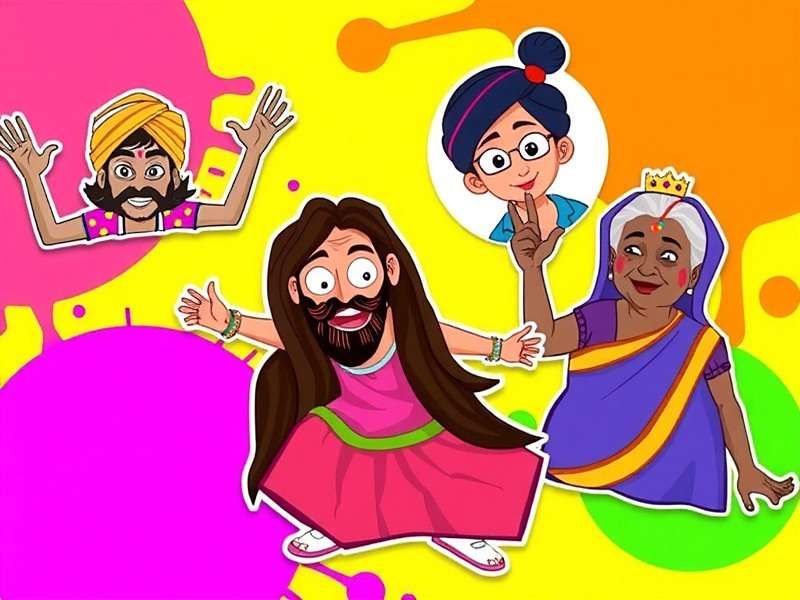 Holi Color Quest playable characters including a Punjabi bhangra dancer, a Bengali girl with abir, a Rajasthani man with a turban, and a South Indian grandmother with gujiyas