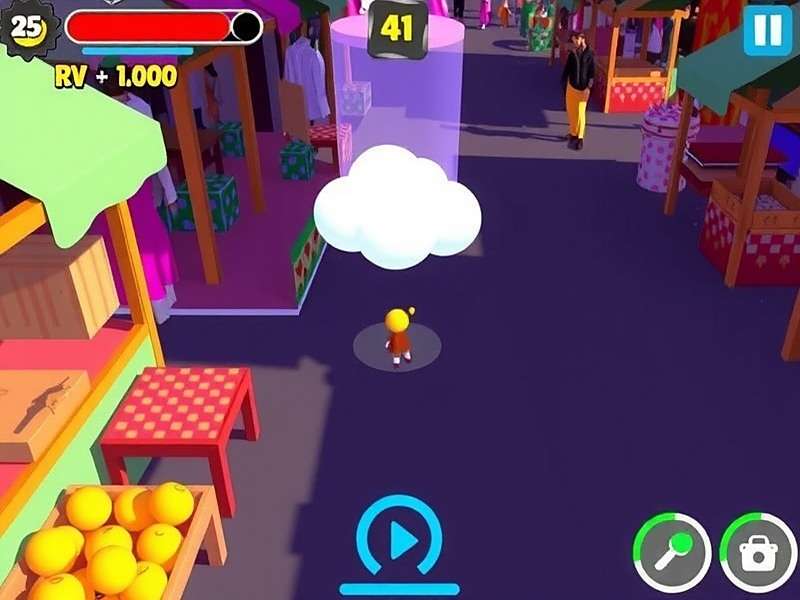Holi Color Quest gameplay showing the Rainbow Cloud power-up making the character invisible to obstacles in a crowded market